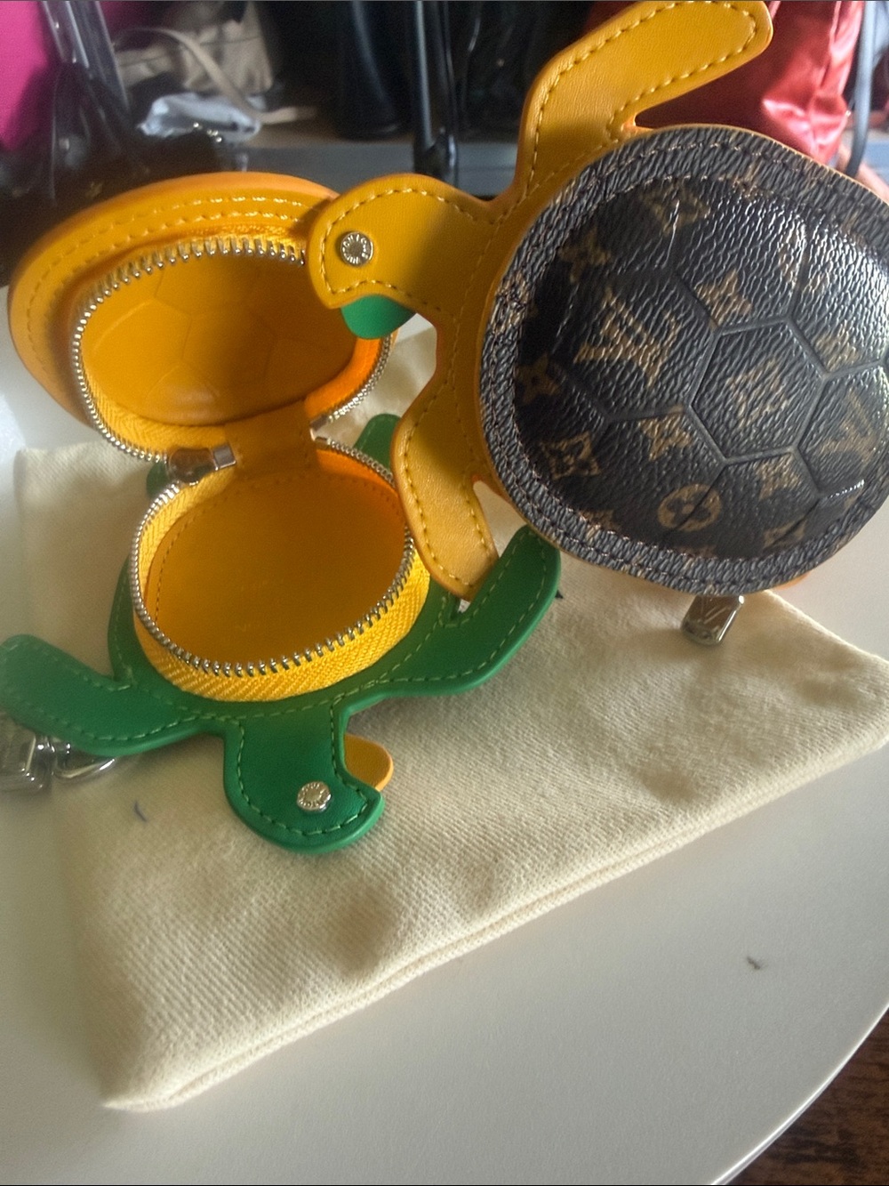 Turtle Coin Pouch Keyring - Yellow & Green with Monogram Accent